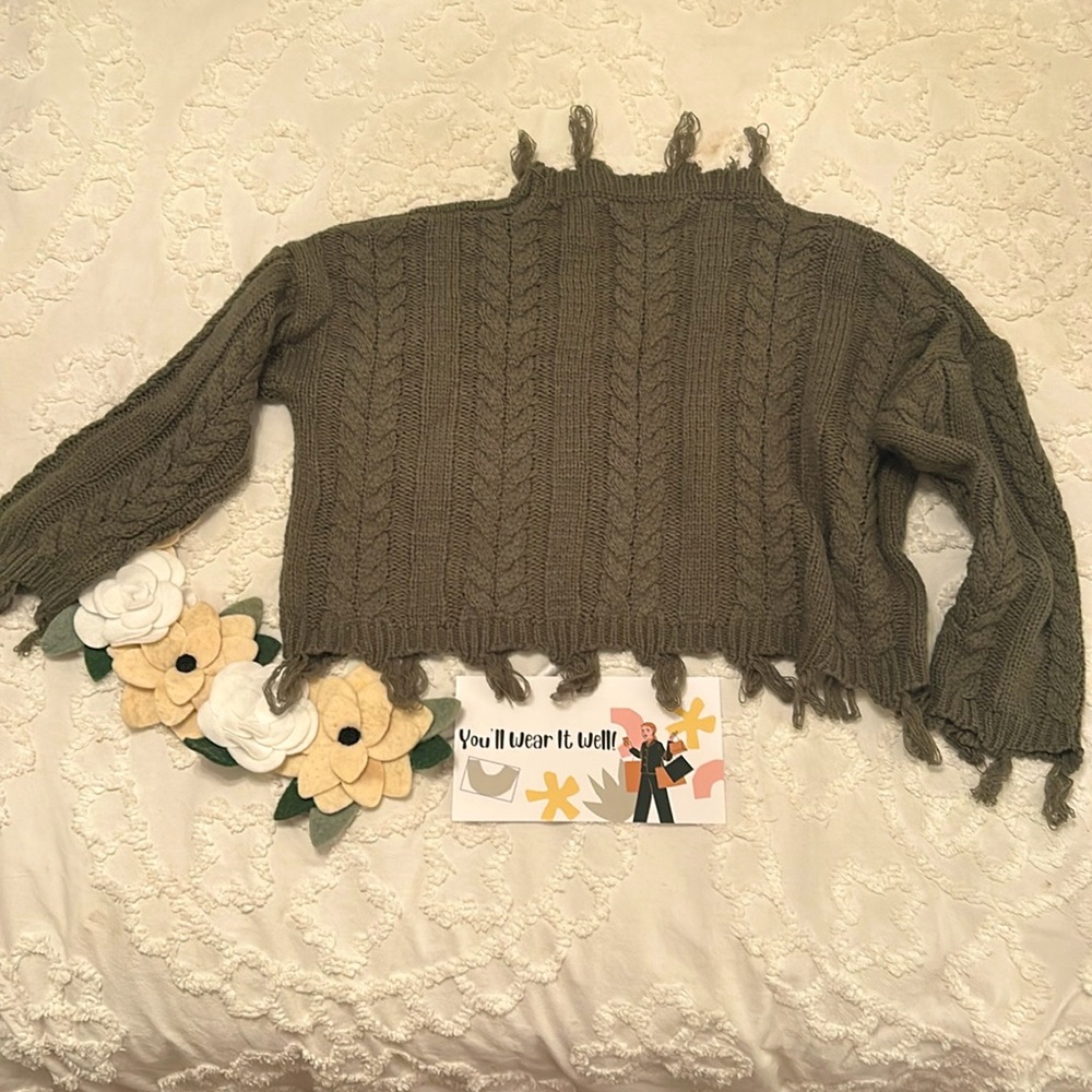 Altar’d State olive green cropped sweater with tasseled hems.  Size XS. - Picture 3 of 3